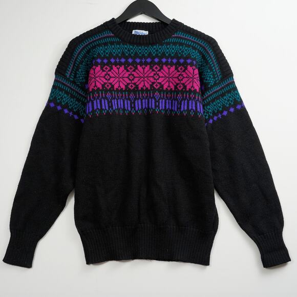 Vintage 70s Meister Black Rainbow Wool Nordic Snowflake Ski Sweater Women’s M - Picture 1 of 8